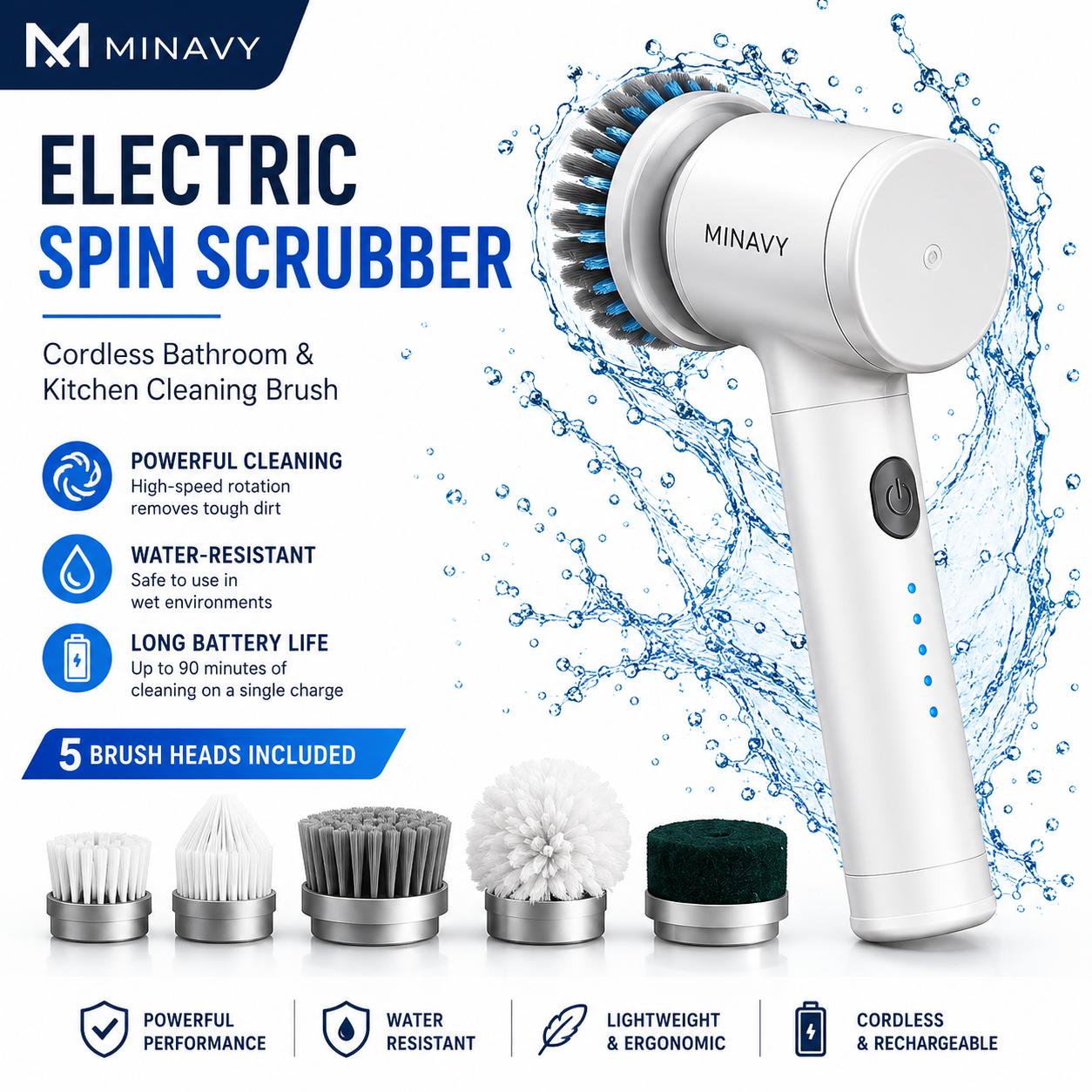 Electric Spin Scrubber | Cordless Bathroom & Kitchen Cleaning Brush with 5 Brush Heads