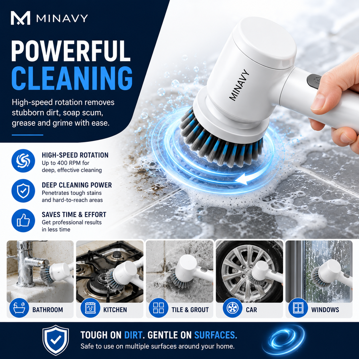 Electric Spin Scrubber | Cordless Bathroom & Kitchen Cleaning Brush with 5 Brush Heads