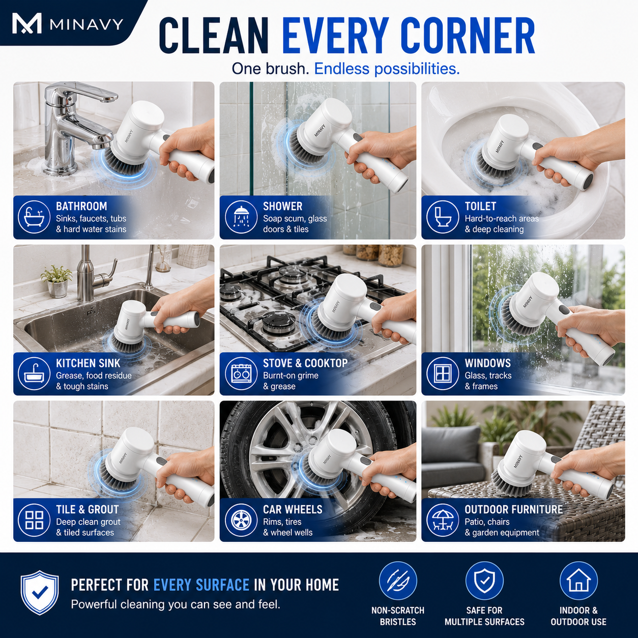 Electric Spin Scrubber | Cordless Bathroom & Kitchen Cleaning Brush with 5 Brush Heads