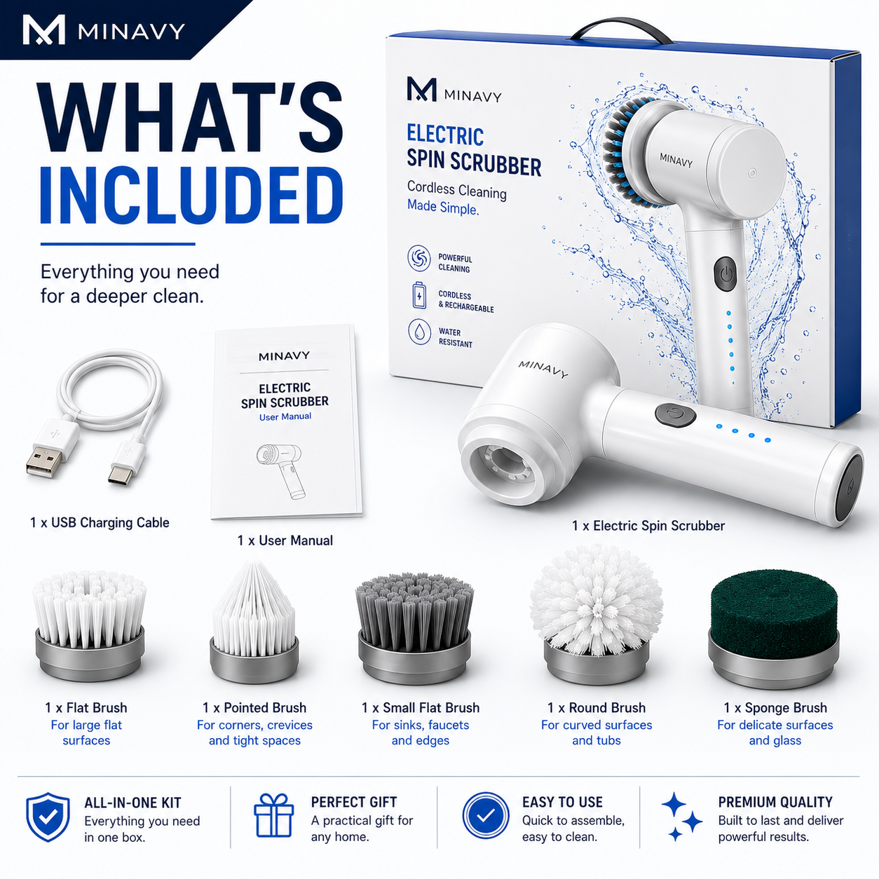 Electric Spin Scrubber | Cordless Bathroom & Kitchen Cleaning Brush with 5 Brush Heads