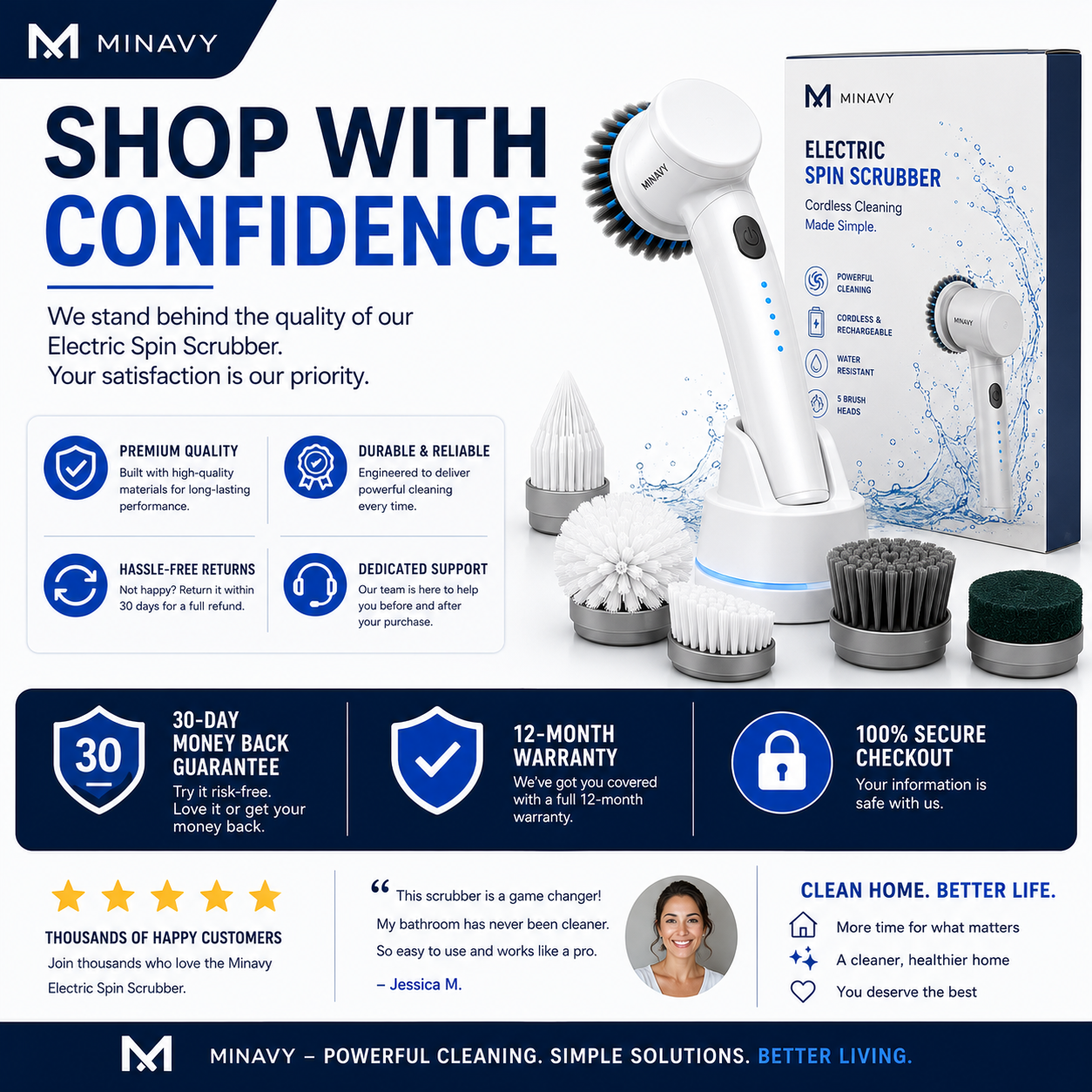 Electric Spin Scrubber | Cordless Bathroom & Kitchen Cleaning Brush with 5 Brush Heads